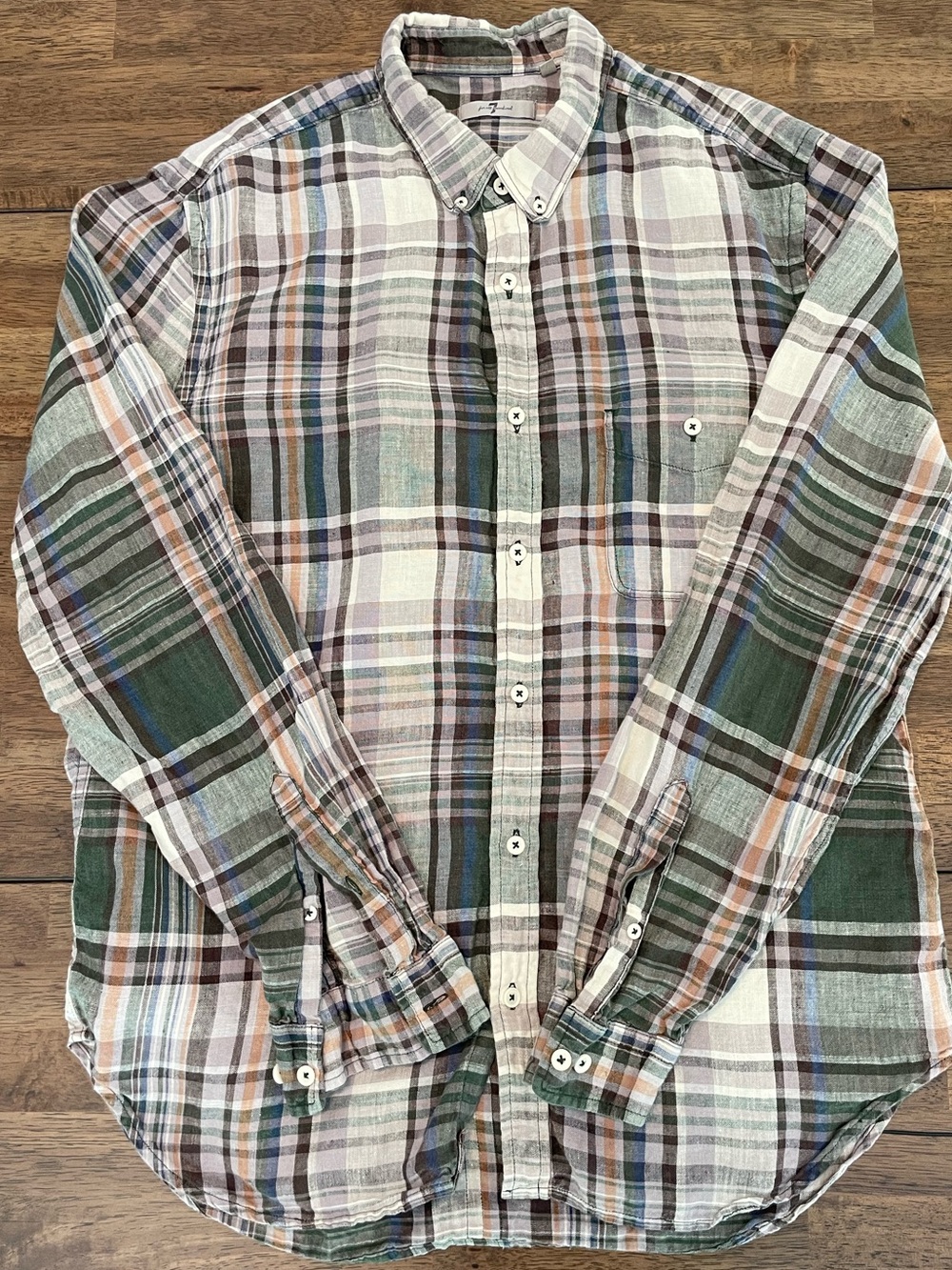 7 For All Mankind Men's Linen Plaid Button-Down Shirt size XL